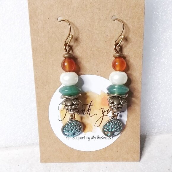 Agate Carnelian Faux Pearls + Patina'd Tree of Life Earrings - Upscale & Trendy - Picture 3 of 8